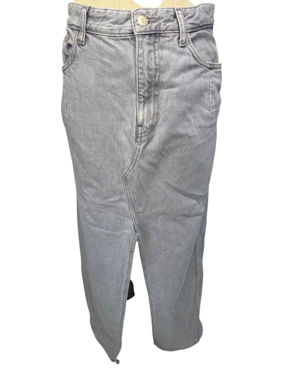 Zara Womens Grey Denim Midi Skirt With Front Slit & Pockets Size S